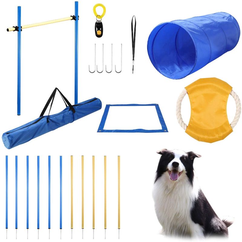 Photo 1 of Yiotl Dog Agility Equipment Set, 30 Pcs Outdoor Dog Obstacle Training Course Kit, Including Frisbee, Pause Box, 2 Tunnel, Adjustable Hurdles, 8 Weave Poles, Whistle, Carrying Bag
