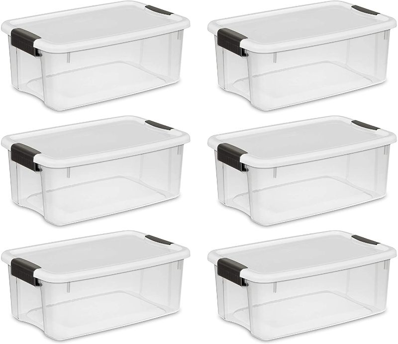 Photo 2 of Sterilite 19849806 18 Quart/17 Liter Ultra Latch Box, Clear with a White Lid and Black Latches, 6-Pack
