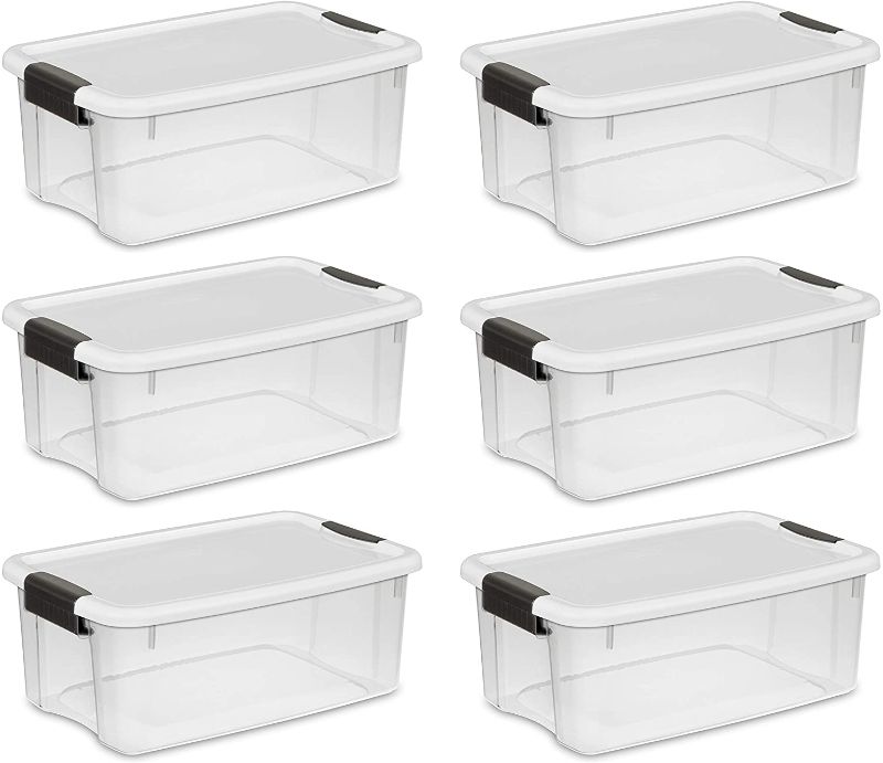 Photo 1 of Sterilite 19849806 18 Quart/17 Liter Ultra Latch Box, Clear with a White Lid and Black Latches, 6-Pack
