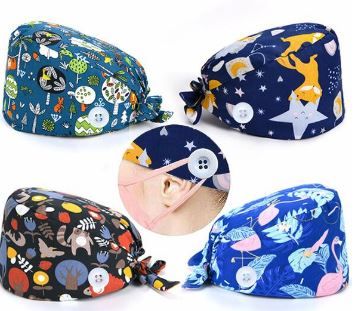 Photo 1 of 4 Pack Cute Printed Working Cap with Button and Sweatband Bouffant Turban Cap Adjustable Tie Back Hats for Women Men