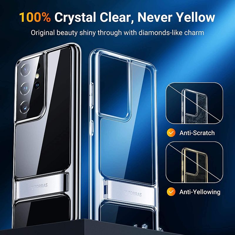 Photo 1 of TORRAS [MoonClimber] Samsung Galaxy S21 Ultra Case with Kickstand, Crystal Clear Case with Soft Protective Edge [3 Stand Ways][5X Military Shockproof] -Crystal Clear

