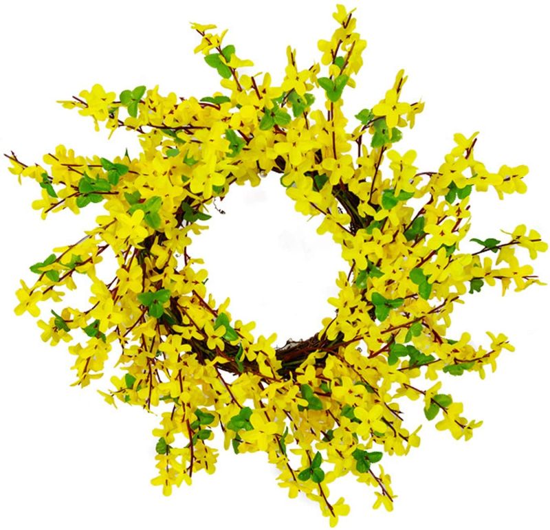 Photo 1 of AOJIE Spring Forsythia Floral Twig Door Wreath,19inch Artificial Yellow Flower Door Wreath,Farmhouse Garland Summer Wreath Grapevine Wreath for Home Indoor Wedding Party Wall Window Decor
