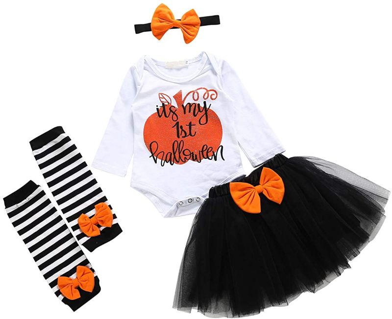 Photo 1 of 4Pcs Baby Girl My First Halloween Outfit Pumpkin Letter Print Romper Tulle Tutu Skirt Leg Warmers Headband Clothes Set
