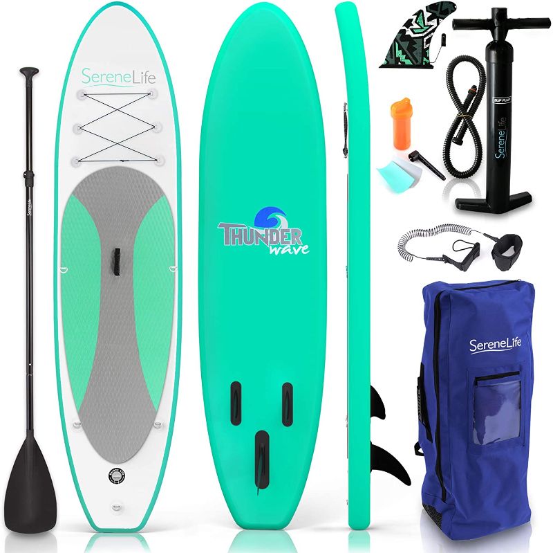 Photo 1 of SereneLife Inflatable Stand Up Paddle Board (6 Inches Thick) with Premium SUP Accessories & Carry Bag | Wide Stance, Bottom Fin for Paddling, Surf...
