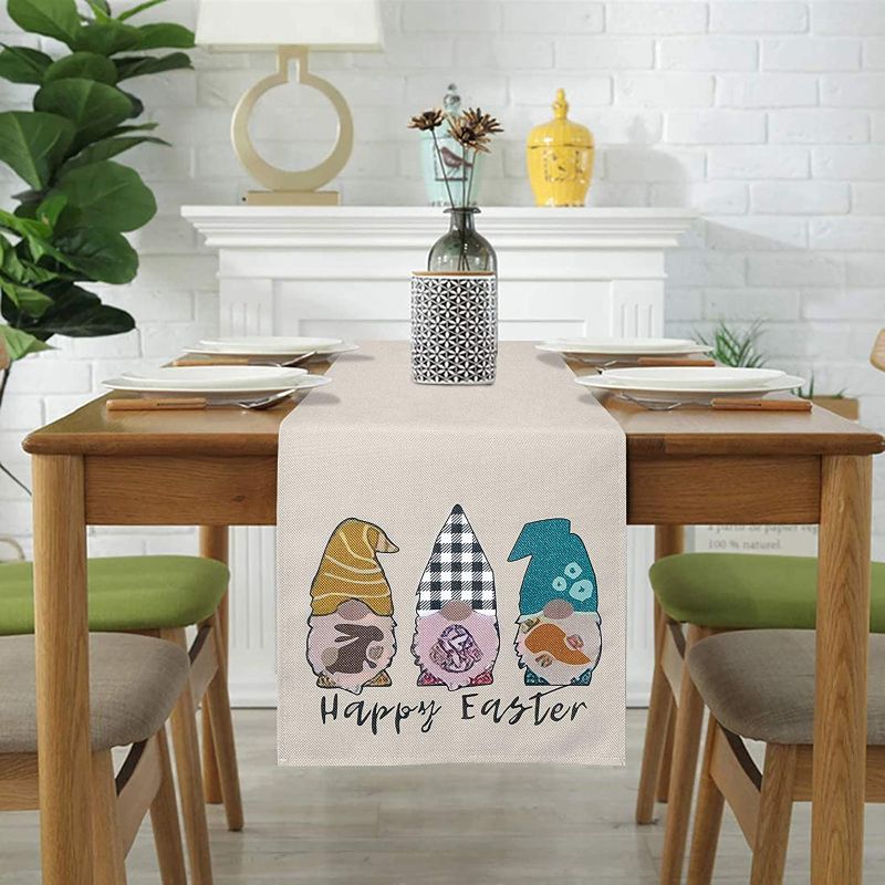 Photo 1 of yuboo Easter Gnome Table Runner,Beige Burlap 13x72 Inch Long Table Linen for Spring Farmhouse Easter Decoration
