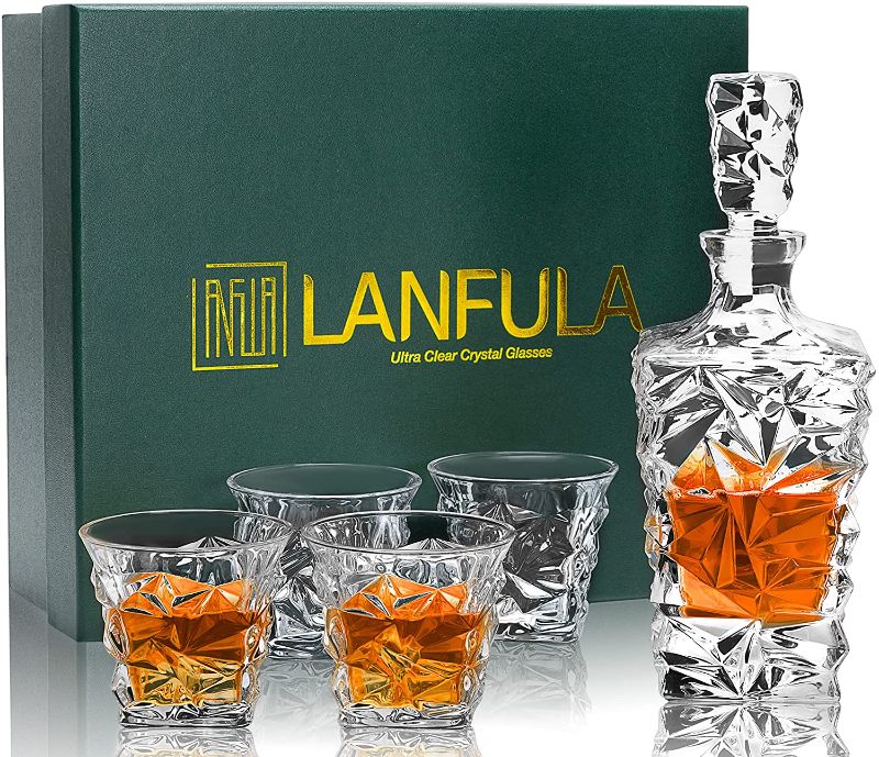 Photo 2 of Whiskey Decanter Set with 4 Glasses, LANFULA Ultra-Clear Crystal Rock Barware  