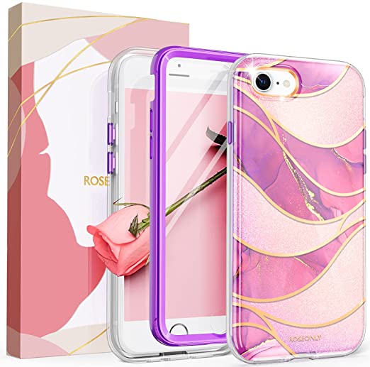 Photo 2 of Roseonly Designed for iPhone SE 2020 Case/iPhone 7 Case/iPhone 8 Case 4.7 Inch, Slim Stylish Protective Marble Cover with Built-in Tempered Glass Screen Protector - Purple
