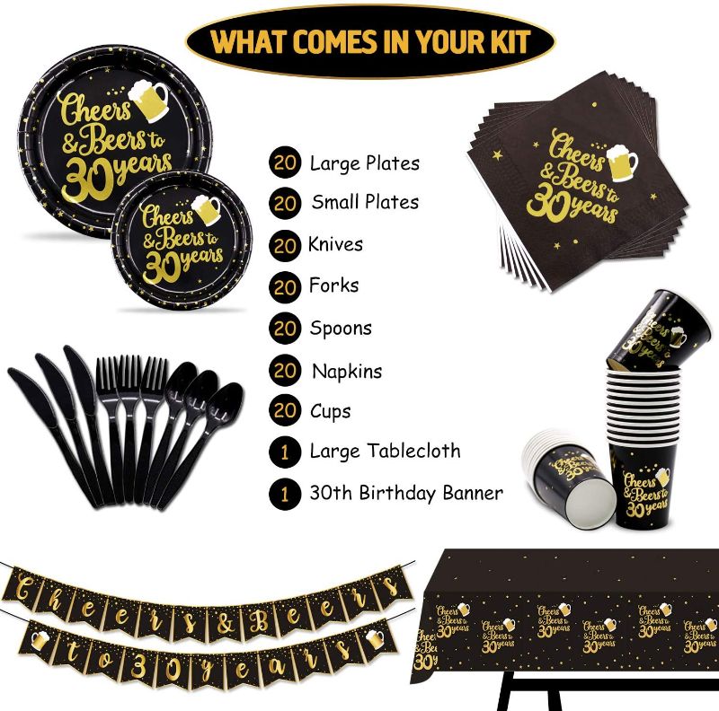 Photo 2 of 142 Pieces 30th Birthday Party Tableware Set Black and Gold Party Value Pack Including Pre-strung Banner, Tablecloth, Plates, Cups, Napkins, Spoons, Forks, Knives, Serves 20
