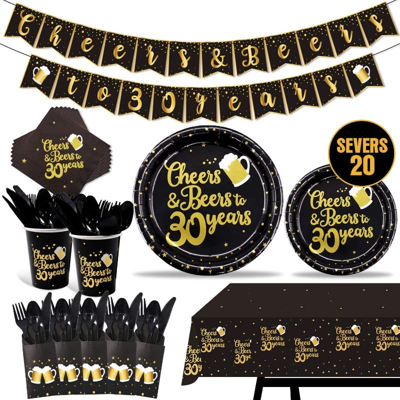 Photo 1 of 142 Pieces 30th Birthday Party Tableware Set Black and Gold Party Value Pack Including Pre-strung Banner, Tablecloth, Plates, Cups, Napkins, Spoons, Forks, Knives, Serves 20
