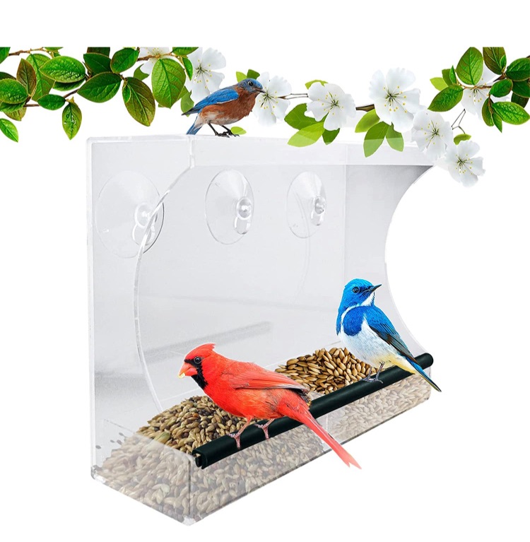 Photo 1 of Hweey Upgraded Acrylic Window Bird Feeder with Drain Holes 3 Strong Suction Cups and Removable Seed Tray Birdhouse for Wild Birds, Blue Birds, Cardinals, Finches, Chickadees and Birds Watching