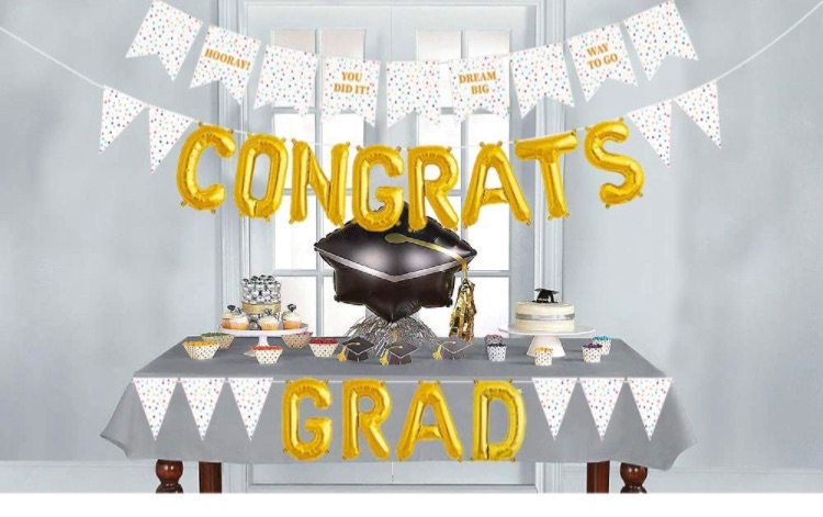 Photo 1 of 2021 Graduation Decorations White and Gold, Includes 2 Graduation Pennant Banners & Congrats Grad Balloons, Graduation Party Supplies 2021 for Any Schools or Grades 2 packs