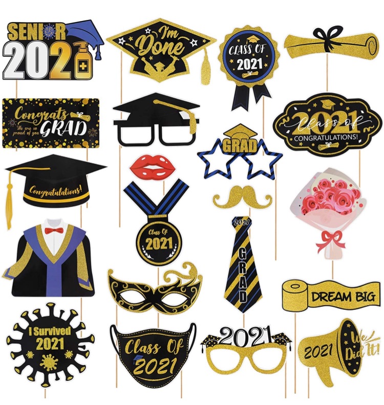 Photo 1 of 2021 Graduation Decorations White and Gold, Includes 2 Graduation Pennant Banners & Congrats Grad Balloons, Graduation Party Supplies 2021 for Any Schools or Grades

Amosfun 2021 Graduation Photo Props Handheld Photo Booth Props Pre-Glued with Wooden Stic