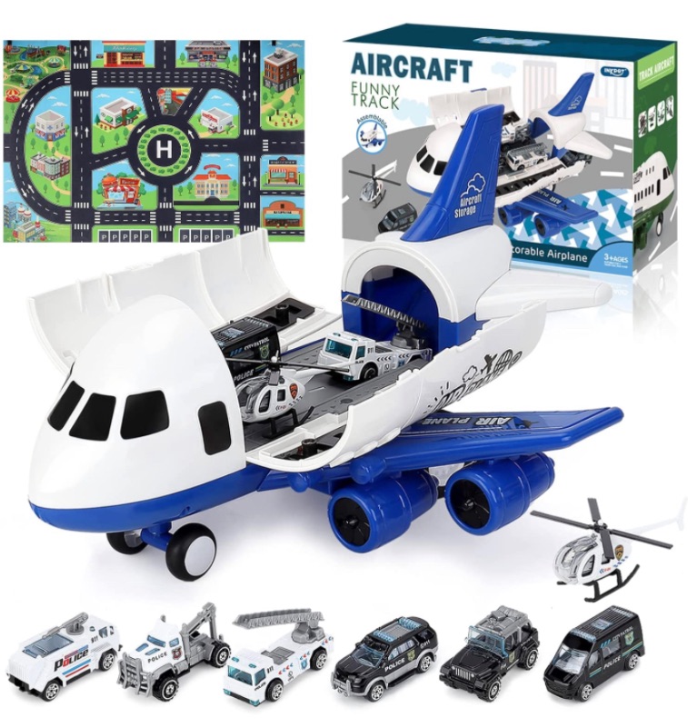 Photo 1 of Airplane Toy, Large Transport Cargo Airplane Toy with Learning Play Mat, 8 Sets Die cast Police Mini Cars Helicopter for Kids Toddlers for Above 3 Years Old Child