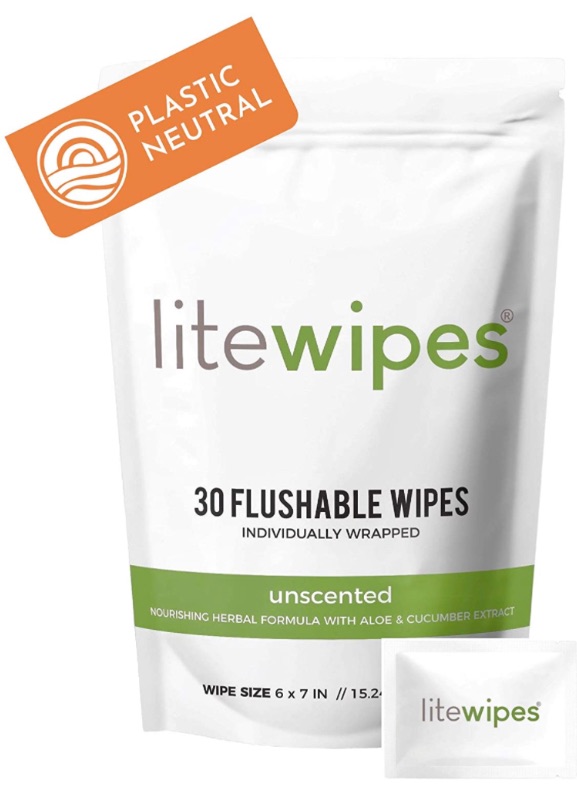 Photo 1 of Litewipes Individual Flushable Wipes for Adults, Unscented with Aloe & Hypoallergenic, Made in USA (30 Single Wrapped Biodegradable Personal Cleansing Wet Wipes)