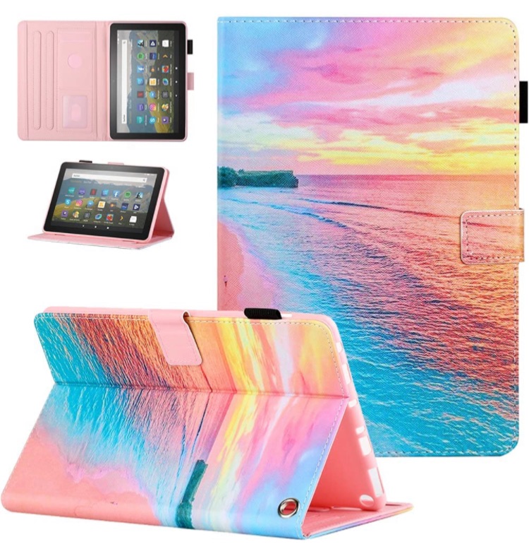 Photo 1 of Fancity Case for Fire HD 10 Tablet (2021 Release 11th Generation) & Fire HD 10 Plus Tablet, PU Leather Stand Cover with Smart Auto Wake/Sleep Pen Holder, Sunset Beach