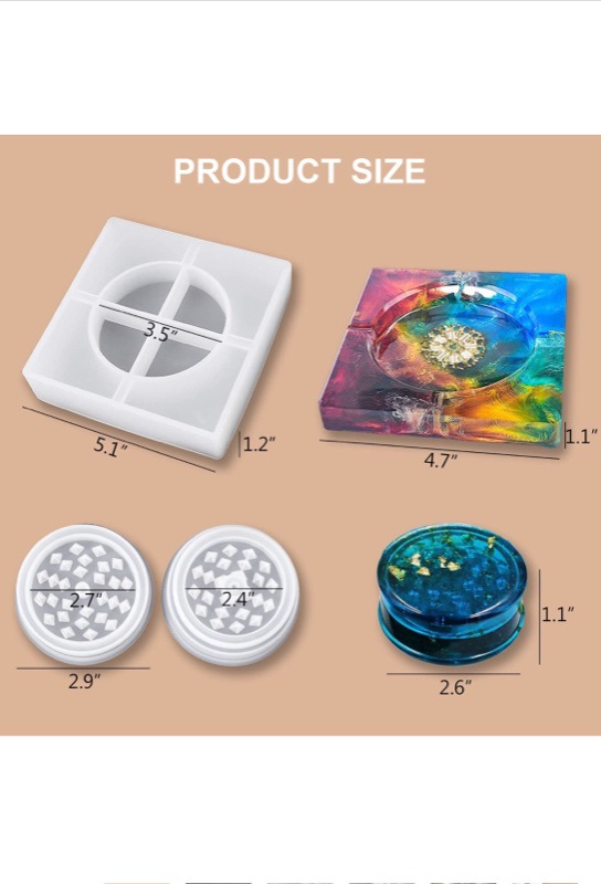 Photo 6 of Ashtray Mold for Resin, Silicone Square Astray Resin Molds with Herb Grinder Crusher Mold, Epoxy Resin Casting DIY Art Crafts Making Supply Clear Home Office Decor (Large