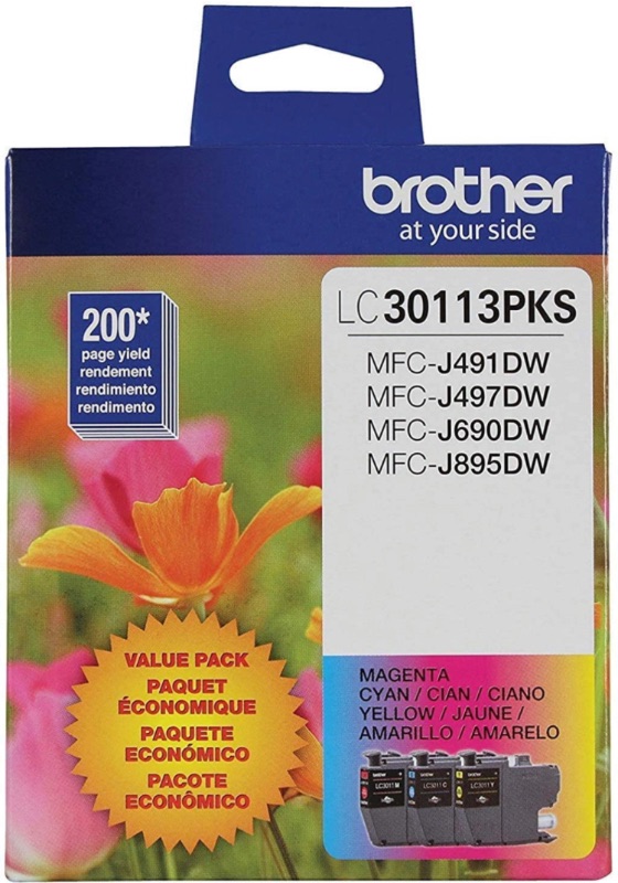 Photo 1 of Brother Genuine LC30113PKS 3-Pack Standard Yield Color Ink Cartridges, Page Yield Up to 200 Pages/Cartridge Includes Cyan, Magenta and Yellow, LC3011