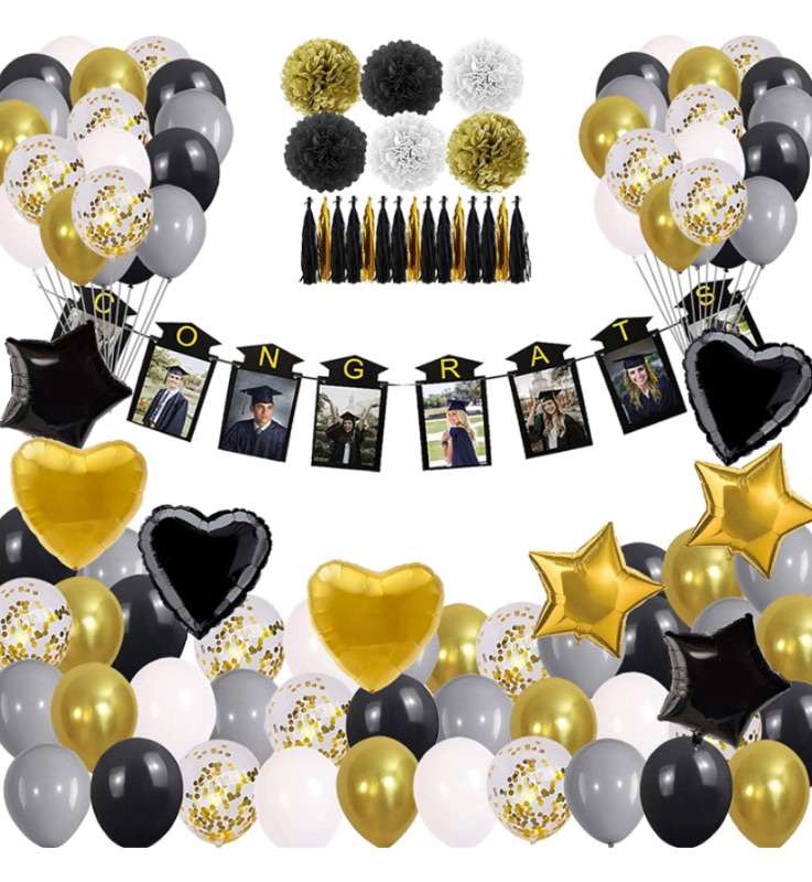 Photo 1 of 2021 Graduation Party Decoration Supplies, Black Gold Banners Balloons Photo Frame Adults Kids High School College Preschool Kindergarten Junior Class 2 packs