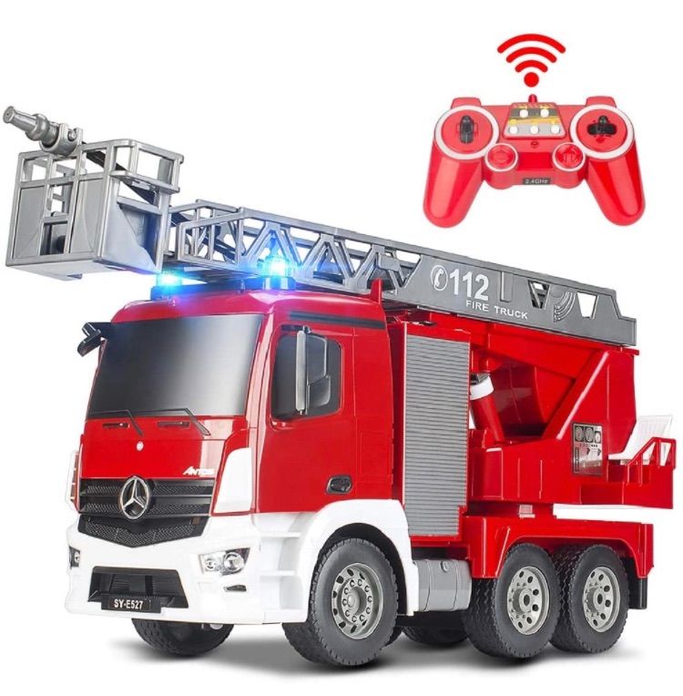 Photo 1 of DOUBLE E Benz Licensed Remote Control Fire Truck Shoots Water Extendable 18 Inch Rescue Ladder 10 Channel Fire Engine Working Sounds Lights RC Trucks for Kids