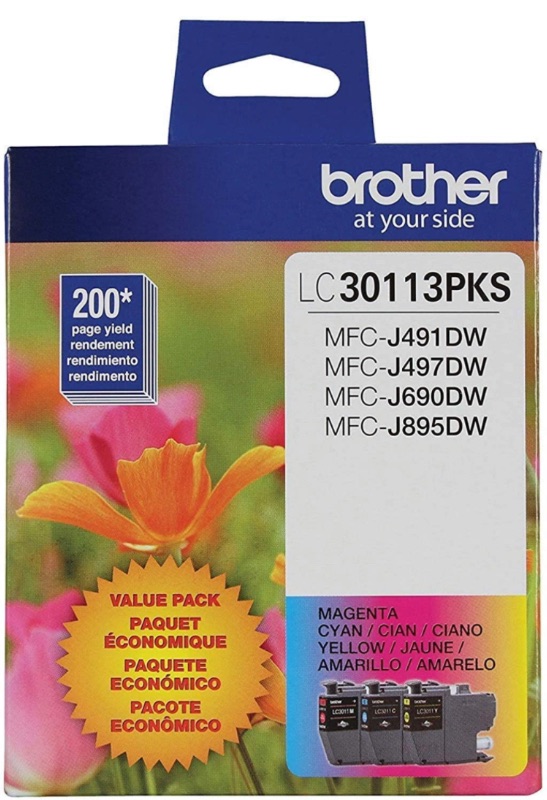 Photo 1 of Brother Genuine LC30113PKS 3-Pack Standard Yield Color Ink Cartridges, Page Yield Up to 200 Pages/Cartridge Includes Cyan, Magenta and Yellow, LC3011