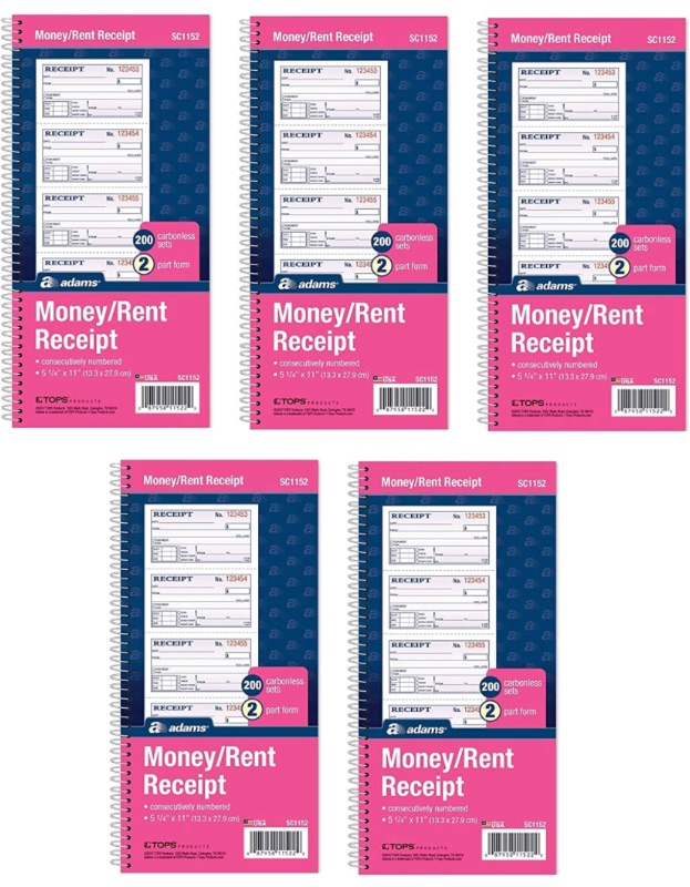 Photo 1 of Adams Money and Rent Receipt Book, 2-Part Carbonless, 5-1/4" x 11", Spiral Bound, 200 Sets per Book, 4 Receipts per Page, Sold as 5 Pack, 1000 Sets Total (SC1152)