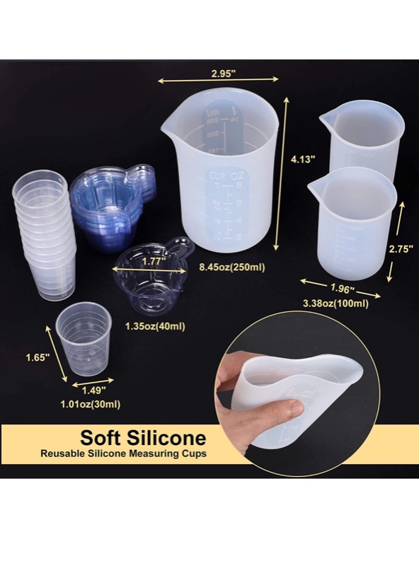 Photo 4 of ANSUE Silicone Measuring Cups for Epoxy Resin, 250ML Large Resin Mixing Cups Reusable, 130PCS Resin Tools Supplies Kit with Silicone Mat and Holographic Chunky Glitter.