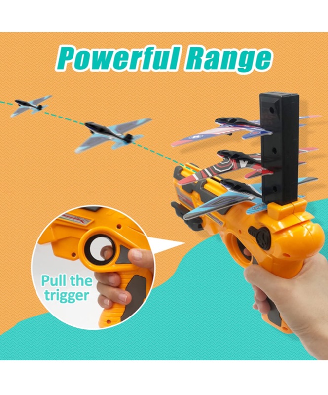 Photo 6 of KDRose Bubble Catapult Plane Toy, One-Click Ejection Model Foam Airplane with 8 Pcs Glider Airplane, Gifts for Boys and Girls, Outdoor Sport Toys Birthday Party Favors Airplane Toy (Orange)