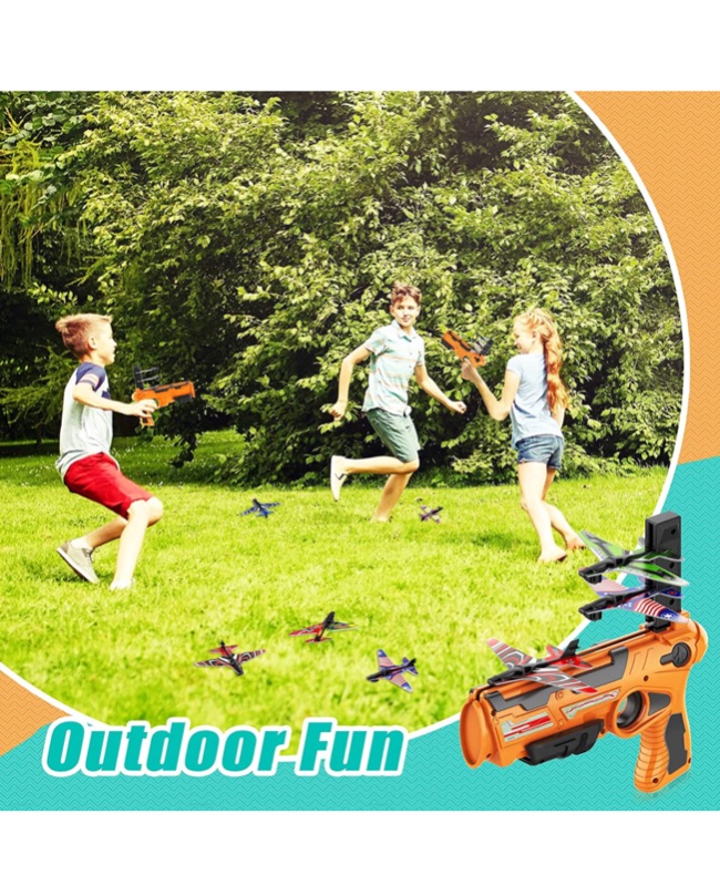 Photo 5 of KDRose Bubble Catapult Plane Toy, One-Click Ejection Model Foam Airplane with 8 Pcs Glider Airplane, Gifts for Boys and Girls, Outdoor Sport Toys Birthday Party Favors Airplane Toy (Orange)