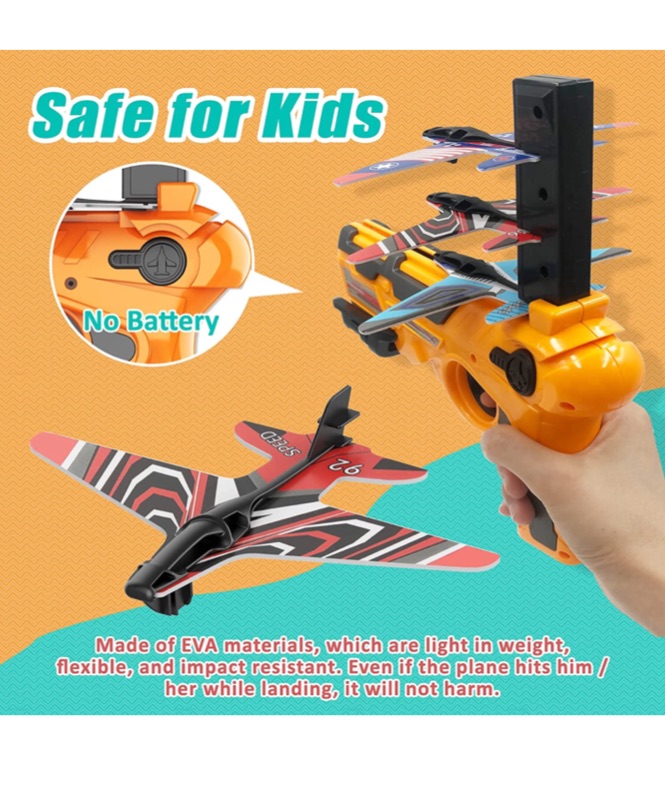 Photo 7 of KDRose Bubble Catapult Plane Toy, One-Click Ejection Model Foam Airplane with 8 Pcs Glider Airplane, Gifts for Boys and Girls, Outdoor Sport Toys Birthday Party Favors Airplane Toy (Orange)