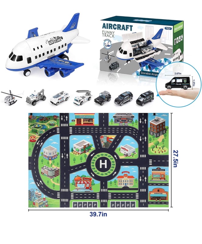 Photo 4 of Airplane Toy, Large Transport Cargo Airplane Toy with Learning Play Mat, 8 Sets Die cast Police Mini Cars Helicopter for Kids Toddlers for Above 3 Years Old Child