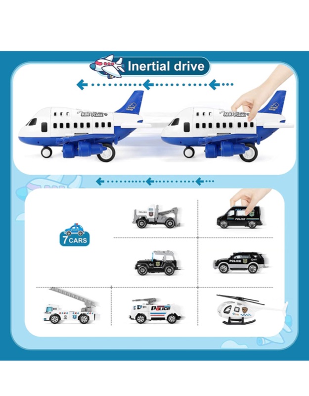 Photo 5 of Airplane Toy, Large Transport Cargo Airplane Toy with Learning Play Mat, 8 Sets Die cast Police Mini Cars Helicopter for Kids Toddlers for Above 3 Years Old Child