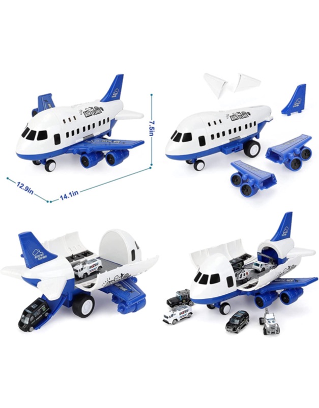 Photo 6 of Airplane Toy, Large Transport Cargo Airplane Toy with Learning Play Mat, 8 Sets Die cast Police Mini Cars Helicopter for Kids Toddlers for Above 3 Years Old Child