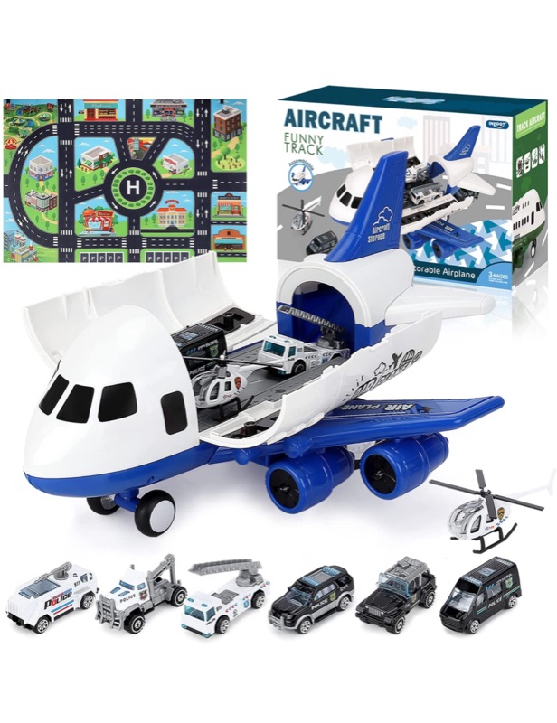 Photo 1 of Airplane Toy, Large Transport Cargo Airplane Toy with Learning Play Mat, 8 Sets Die cast Police Mini Cars Helicopter for Kids Toddlers for Above 3 Years Old Child