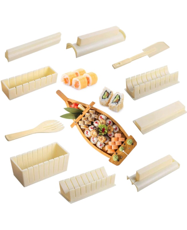 Photo 1 of 10 Pcs Sushi Making Kit for Beginners, Plastic Sushi Maker Kit, Sushi Mold Complete with 8 Sushi Rice Roll Mold Shapes and 2 Fork Spatula DIY Home Sushi Tool for Maki Rolls Sushi Rolls