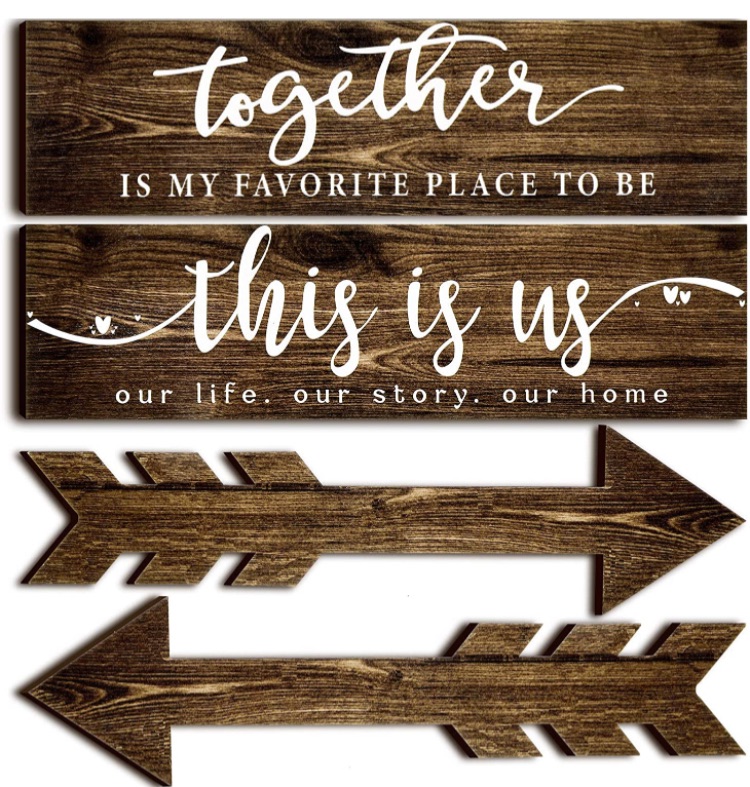 Photo 1 of 4 Pieces This Is Us Our Life Our Story Wood Signs Rustic Wood Together Signs Home Wooden Wall Decor Sign Wooden Arrow Hanging Signs Art for Farmhouse Entryway Living Room, 15 x 4 x 0.2 Inch (Brown)