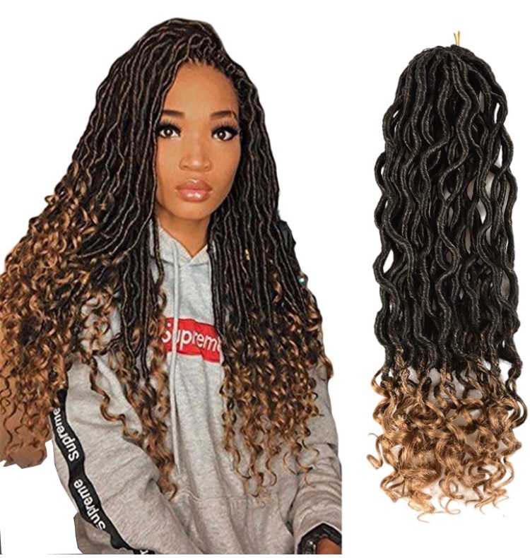 Photo 1 of 6 Packs Curly Goddess Faux Locs 18inch Crochet Hair Braiding Hair With Curly Ends Synthetic Braids Hair Extensions (18 inch, 1B/27 Curly Faux Locs)