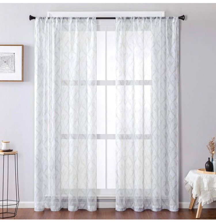 Photo 1 of MRTREES White Sheer Curtains Living Room 84 inches Long Grey Wheat Spike Embroidered Sheers Curtain Panels Bedroom Leaves Embroidery Rod Pocket Voile Window Treatment 2 Panels