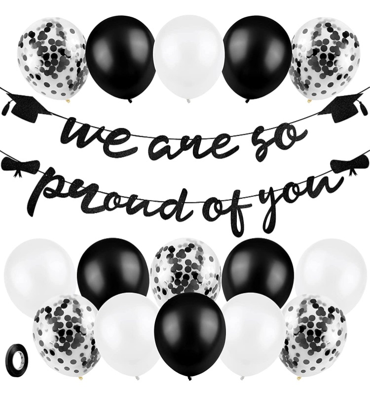 Photo 1 of ADXCO Graduation Decorations 2021 Banner Kit Including Banners with We are so Proud of You 15 Latex Sequined Balloons for School Graduation Party Decoration Supplies Accessories (Black) 2 packs