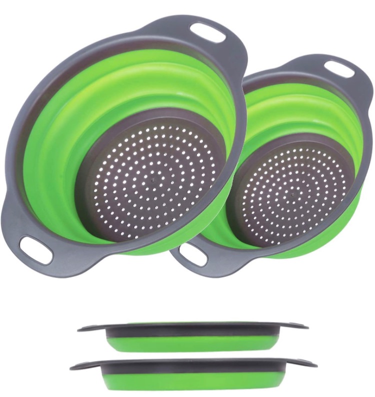 Photo 1 of Collapsible colander with retractable handle, 2-piece set of round retractable foldable drain basket, filter set, fruit basket, very suitable for draining pasta vegetables and fruits (green)