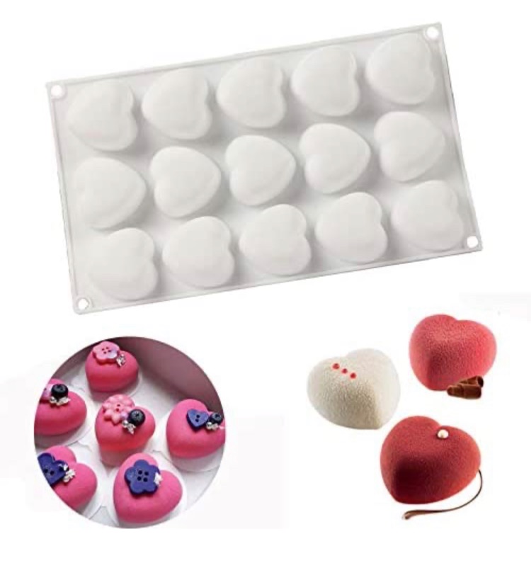 Photo 1 of Heart Shaped Chocolate Mold, Silicone Fondant Chocolate Mousse Cake Molds Tray MultiFunction 3D Candy Dessert Molds for Home Kitchen DIY Baking Tools, 15-Cavity 3 sets 