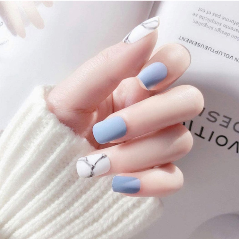 Photo 1 of Aularso Square Fake Nails Blue Short Press on Nails Matte Full Cover Artificial Clip on Nails Daily Finger Wear Instant Finger Manicure Design Stick on Nails for Women and Girls 24PCS