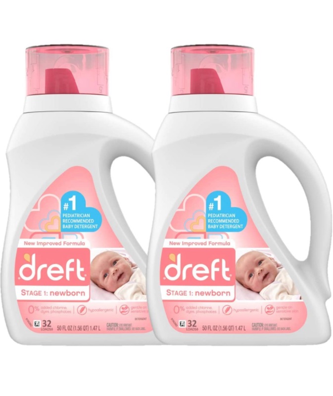 Photo 1 of Dreft Stage 1: Newborn Hypoallergenic Liquid Baby Laundry Detergent (HE), Natural for Baby, Newborn, or Infant, 32 Loads (Packaging May Vary), 50 Fl Oz (Pack of 2)