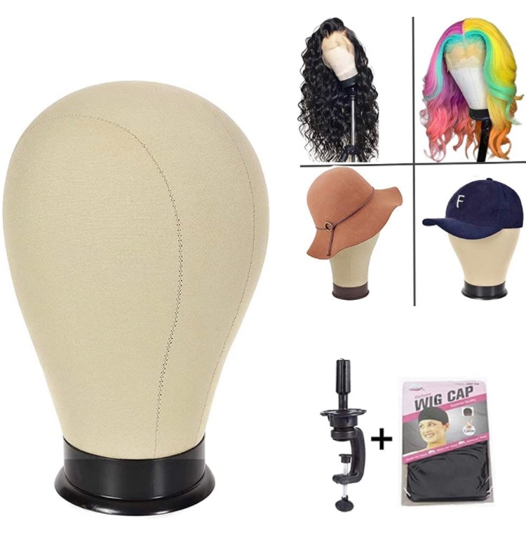 Photo 1 of 22 inch Wig Head Canvas Wig Head Cork Canvas Block Head Dome Wigs Styling Mannequin Head for Making Display Wigs Styling Head Wig Manikin Head Professional Making Wigs Head With Mount Hole Wig Cap and Stand Set Blocks Head