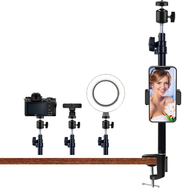 Photo 1 of Desk Camera Mount Light Stand - 13.7-27.6in Adjustable Tabletop C-clamp Right Light Webcam Stand 360° Rotatable Ball Head Phone Holder Compatible for DSLR iPhone Gopro Zoom Meeting Youtube Live Stream