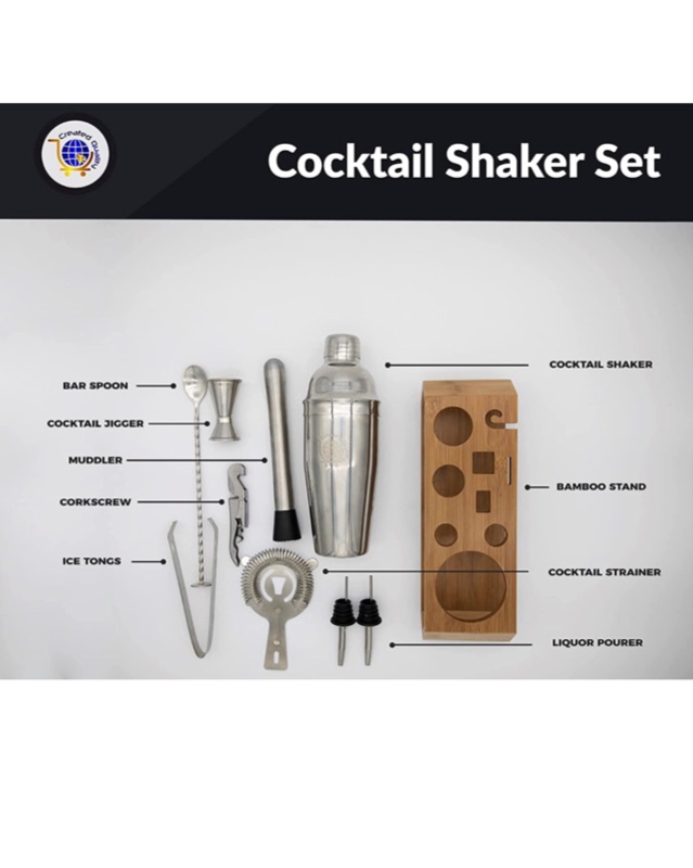 Photo 2 of Cocktail Shaker Set Bartender Kit with Stand - Bartending Tools Includes Martini Shaker, Jigger, Strainer, Bar Mixer Spoon, Tongs, Bottle Opener | Best Cocktail Set for Professionals and Beginners