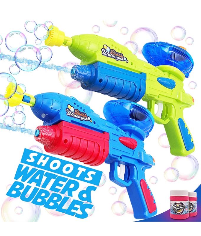 Photo 1 of (2 Pack) Bubble Gun & Water Gun for Kids, Boys, Girls – Water & Bubble Maker, Blaster & Blower Machine for Outdoor Activities Camping Pool Party – Soaker Squirt Gun Toys Gift for Age 4, 5, 6, 7, 8, 9