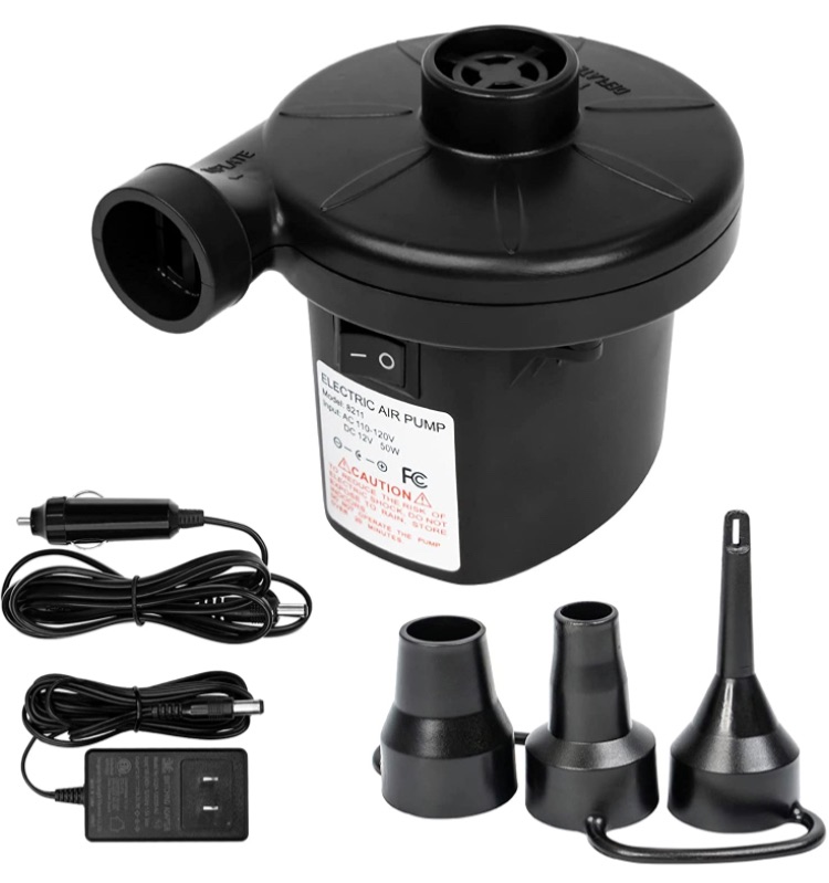 Photo 1 of Electric Air Pump for Inflatables, Portable Quick Air Mattress Pump with 3 Nozzles, 110V AC/12V DC Inflator/Deflator Air Pumps for Pool Inflatables Air Beds Boats Swimming Ring Pool Floats (50W)