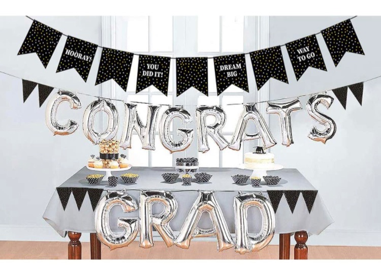 Photo 1 of 2021 Graduation Decorations Black and Gold, Includes 2 Graduation Pennant Banners & Congrats Grad Balloons, Graduation Party Supplies 2021 for Any Schools or Grades 2 packs