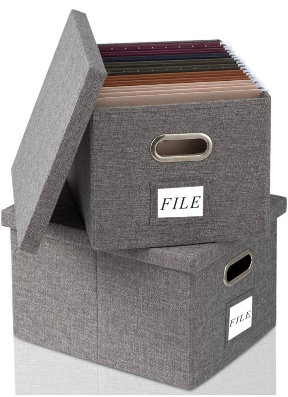 Photo 1 of Collapsible File Box Storage Organizer with Lid [2 PACK] Decorative Linen Filing Storage Office Box Hanging Letter/Legal Folder Home Office Bins Cabinet Container (L, Gray