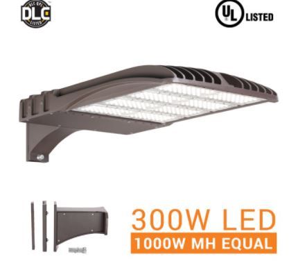 Photo 1 of 300W LED ShoeBox Pole Light Replacement (1000W HID Equal), 5000K CCT, 39,390 Lumen, 100-277VAC, Direct Mount, Surge Protector Included, Type III Distribution, IP65 Rated, DLC Qualified, UL Listed
